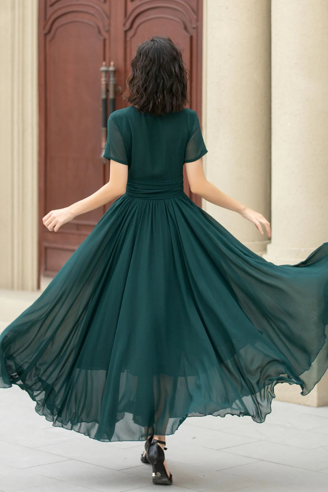 Jimiss - Abito da ballo lungo e fluido in chiffon con scollo a V e maniche corte